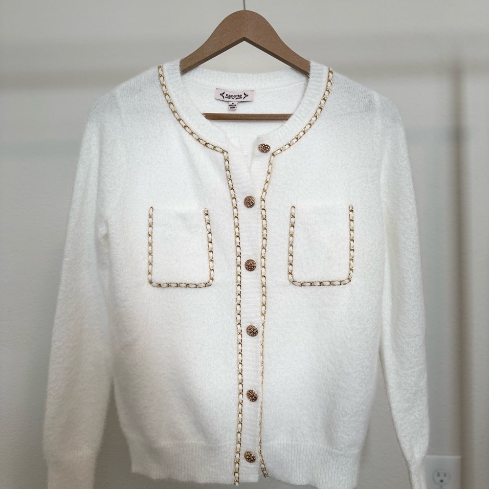 Nanette Lepore White Cardigan with Brown Trim Size S